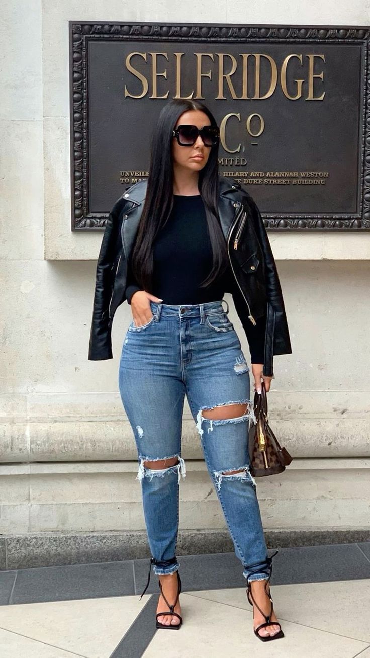 Leather Jacket with Distressed Jeans and Heels